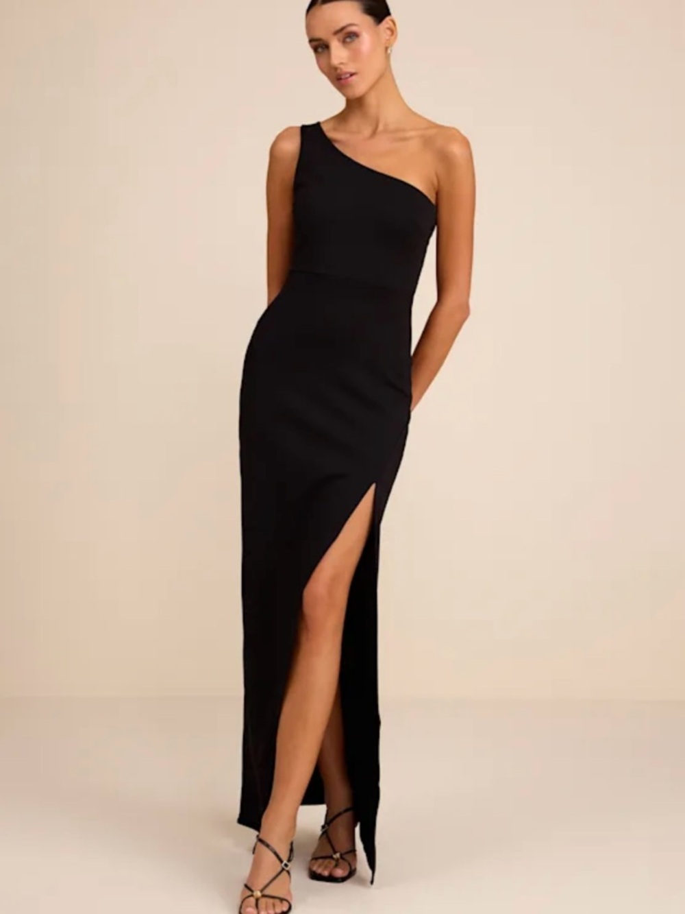 Lulu's One-Shoulder Black Maxi Dress with Thigh Slit